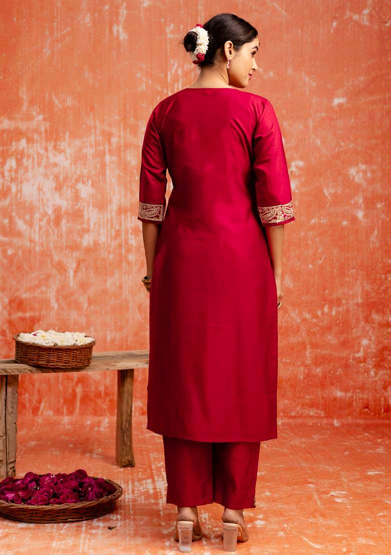 Maroon Embroidered Viscose Straight Kurta Set - Indya