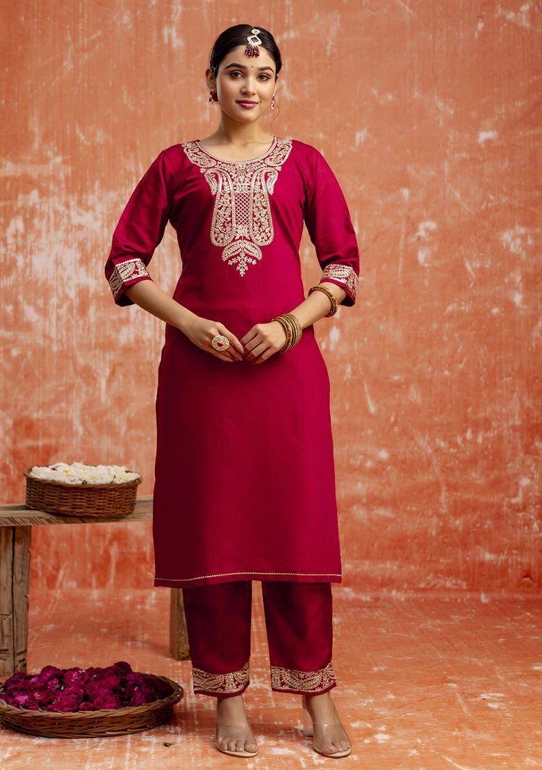 Maroon Embroidered Viscose Salwar Kameez With Dupatta
