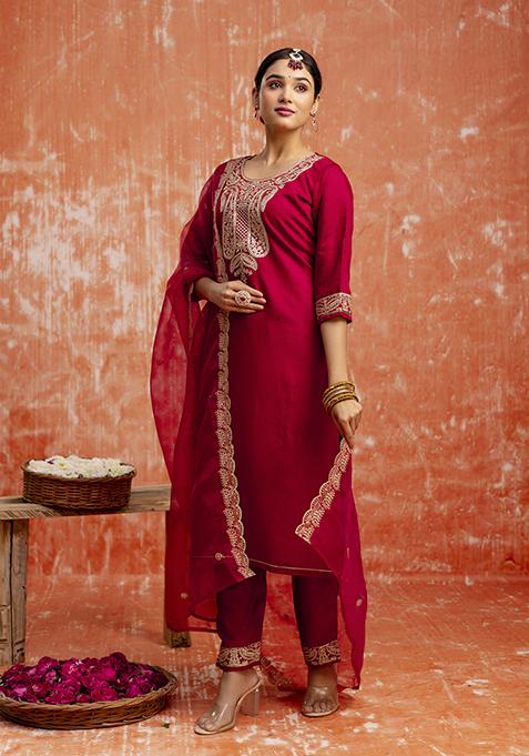 Maroon Embroidered Viscose Salwar Kameez With Dupatta