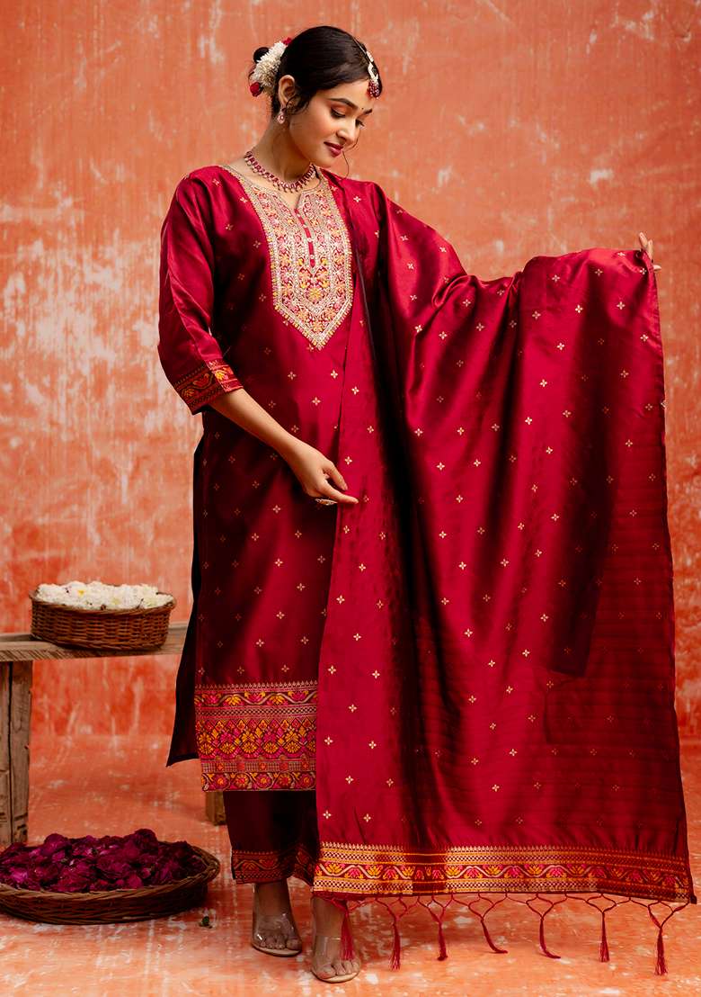 Maroon Embroidered Cotton Straight Kurta Set - Indya