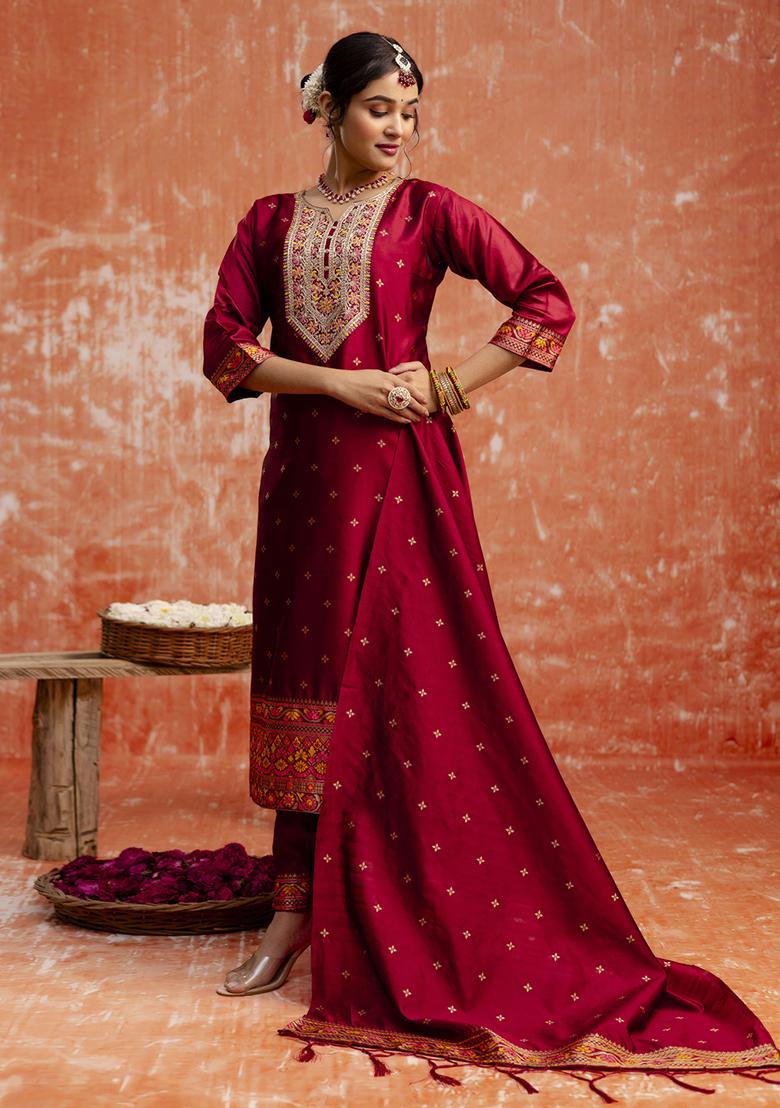 Maroon Embroidered Cotton Blend Salwar Kameez With Dupatta