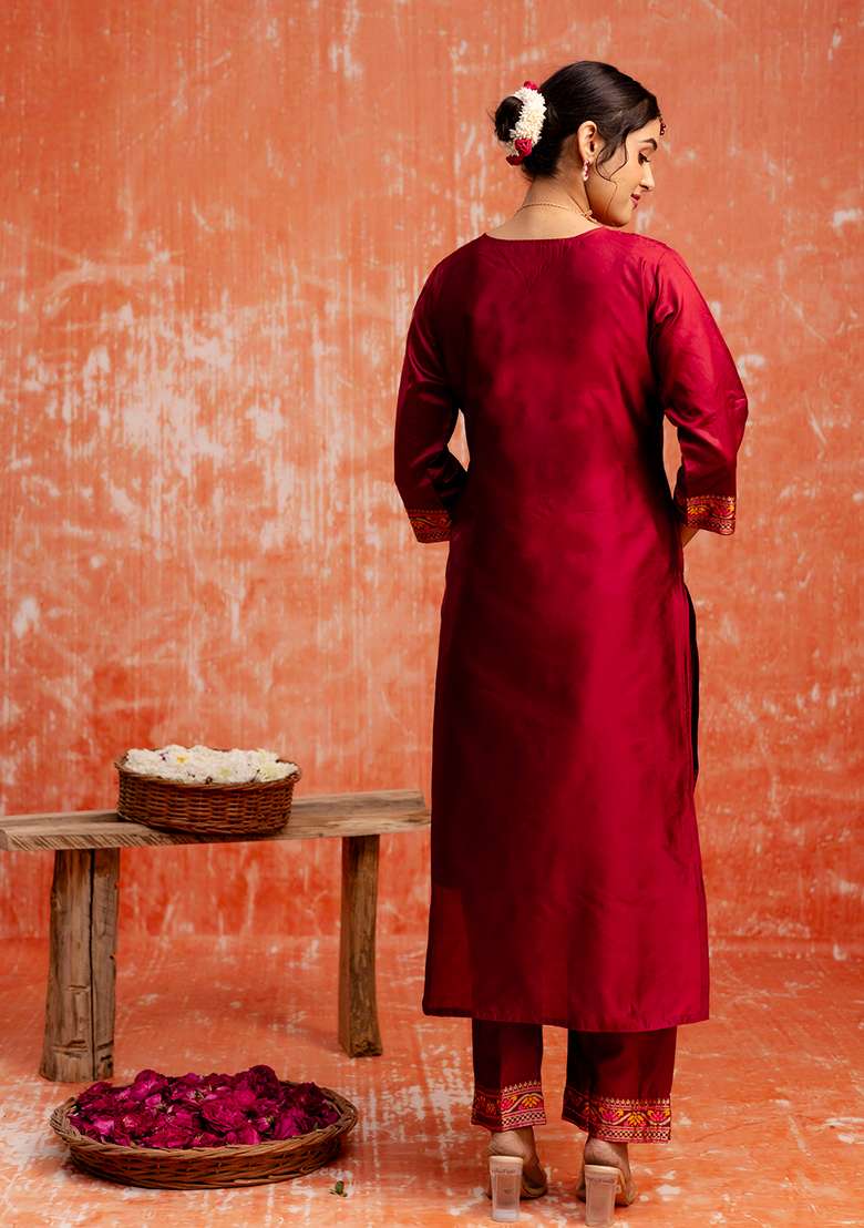 Maroon Embroidered Cotton Straight Kurta Set - Indya