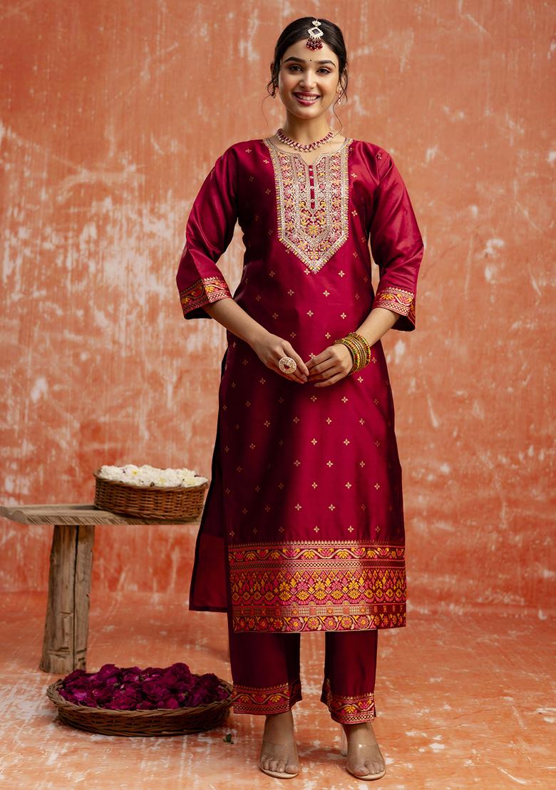Maroon Embroidered Cotton Blend Salwar Kameez With Dupatta