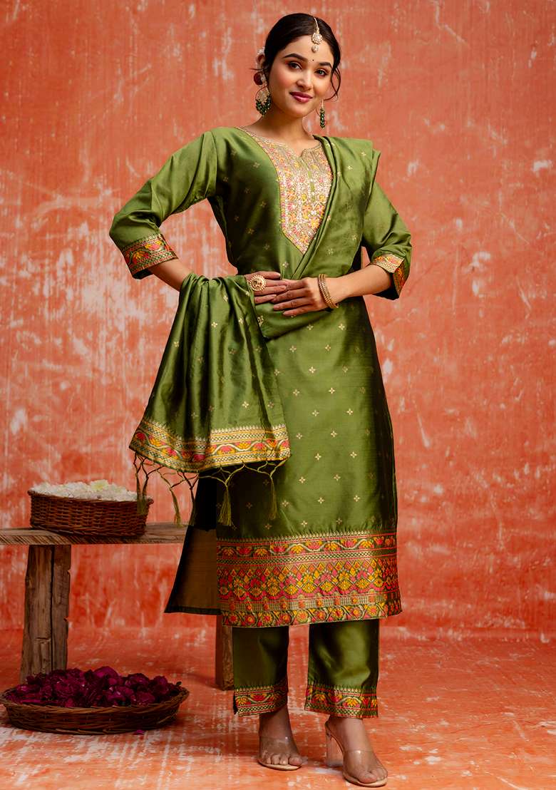 Mehendi Green Embroidered Cotton Straight Kurta Set - Indya
