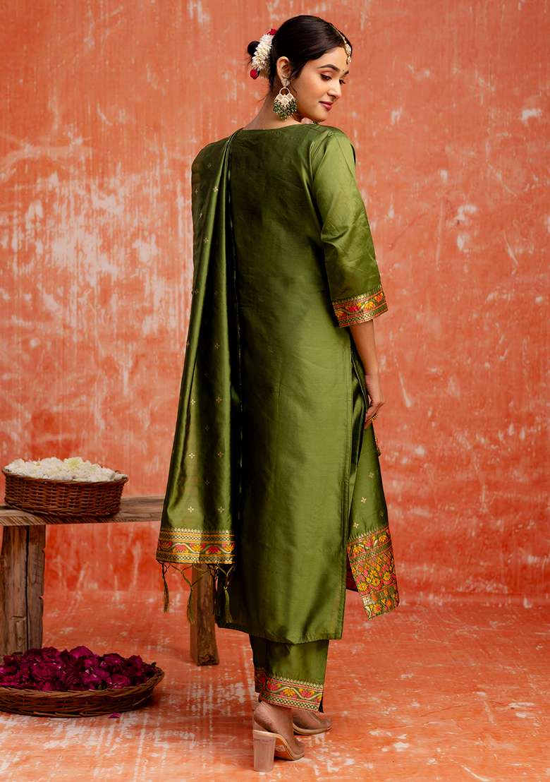 Mehendi Green Embroidered Cotton Straight Kurta Set - Indya