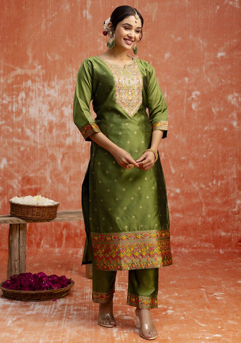 Mehendi Green Embroidered Cotton Blend Salwar Kameez With Dupatta