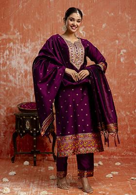 Purple Embroidered Cotton Blend Salwar Kameez With Dupatta