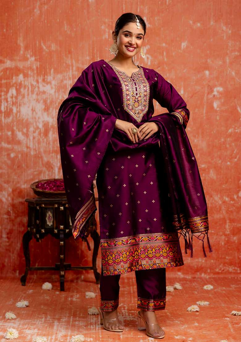 Purple Embroidered Cotton Straight Kurta Set - Indya