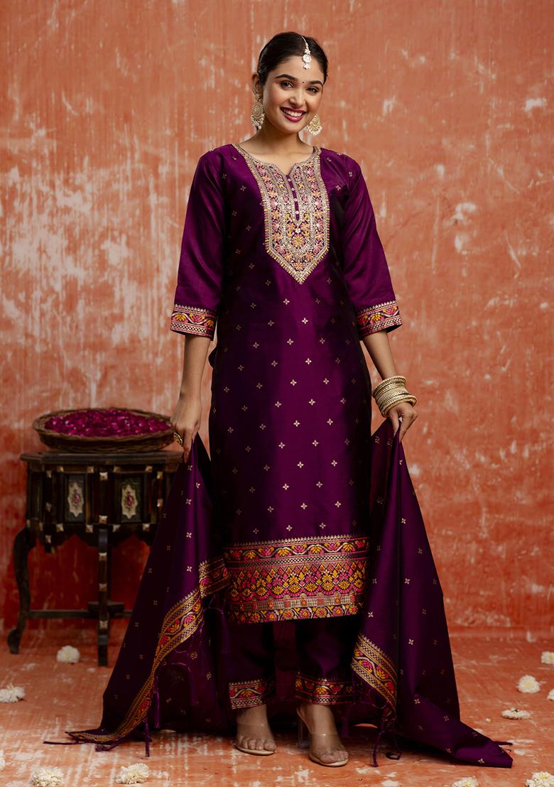 Purple Embroidered Cotton Blend Salwar Kameez With Dupatta