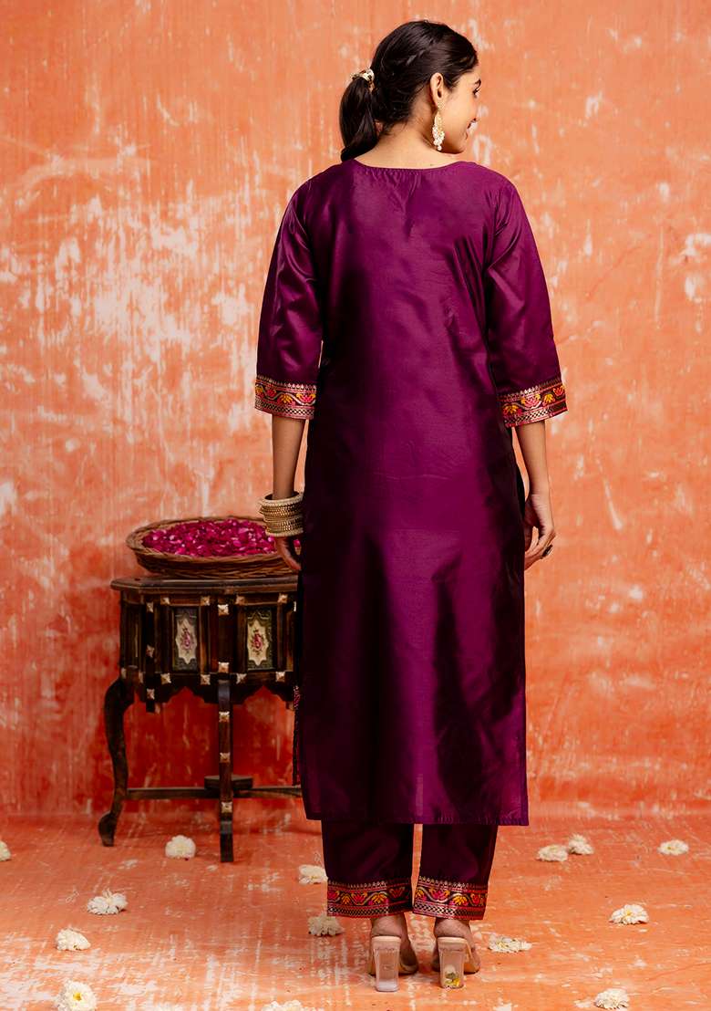 Purple Embroidered Cotton Straight Kurta Set - Indya