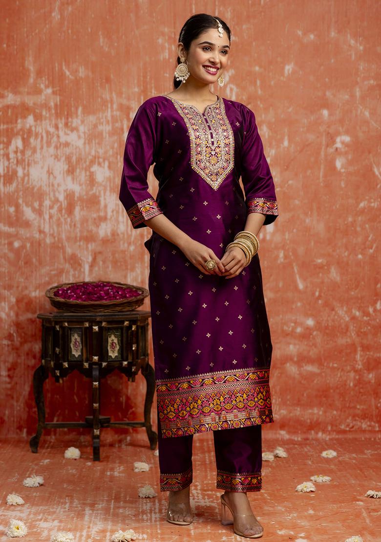 Purple Embroidered Cotton Blend Salwar Kameez With Dupatta