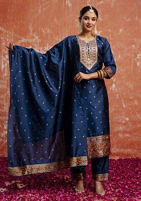 Teal Blue Embroidered Cotton Blend Salwar Kameez With Dupatta