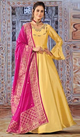 Yellow Embroidered Art Silk Salwar Kameez With Dupatta
