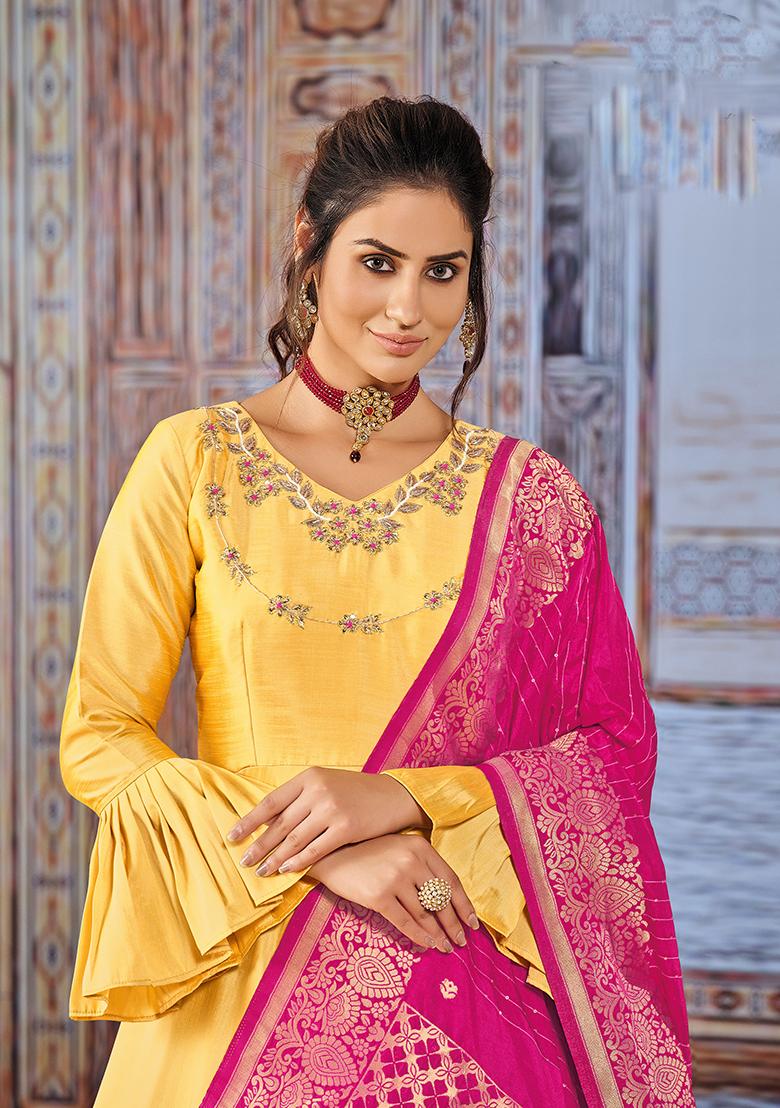Yellow Embroidered Art Silk Salwar Kameez With Dupatta