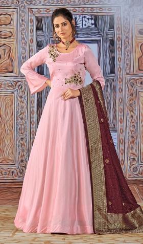 Pink Embroidered Art Silk Salwar Kameez With Dupatta