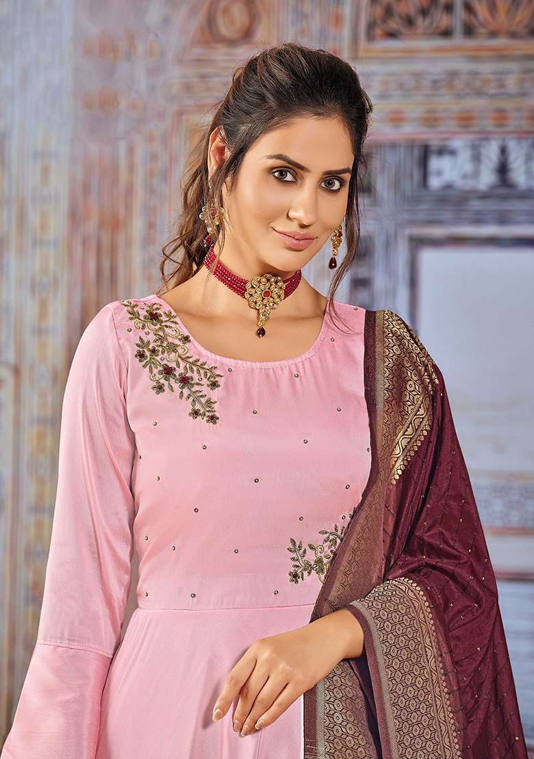 Pink Embroidered Silk Blend Anarkali Set - Indya