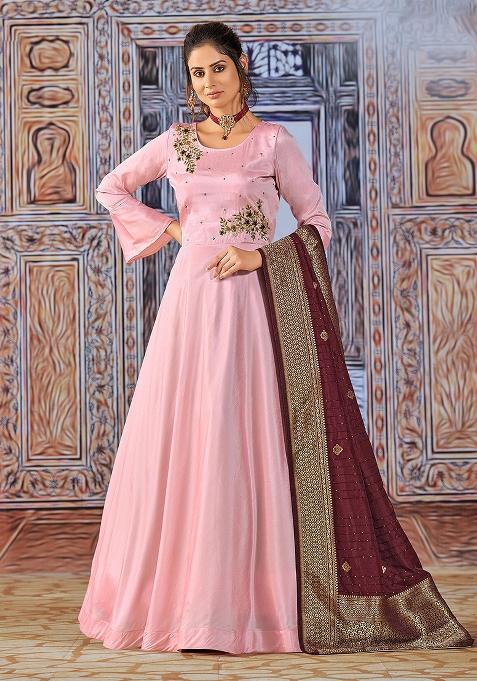 Pink Embroidered Art Silk Salwar Kameez With Dupatta