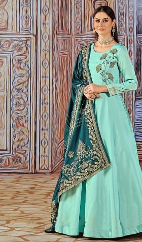 Blue Embroidered Art Silk Salwar Kameez With Dupatta