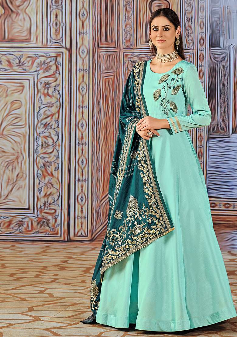 Blue Embroidered Silk Blend Anarkali Set - Indya