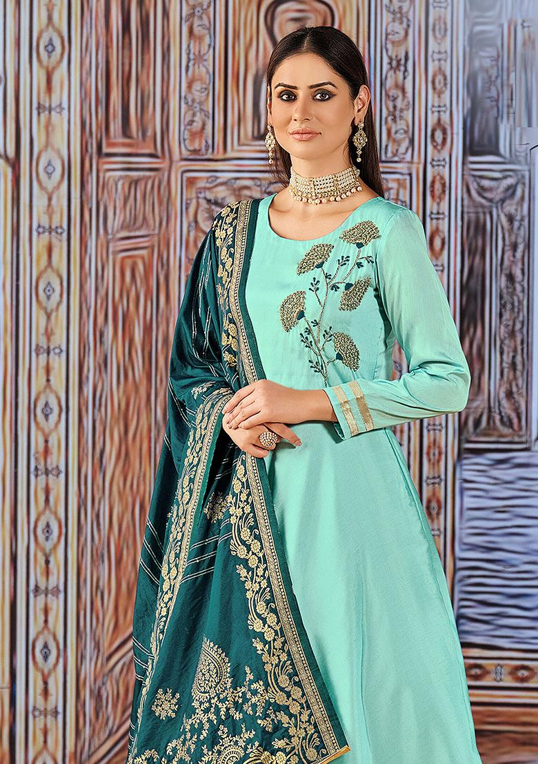 Blue Embroidered Art Silk Salwar Kameez With Dupatta