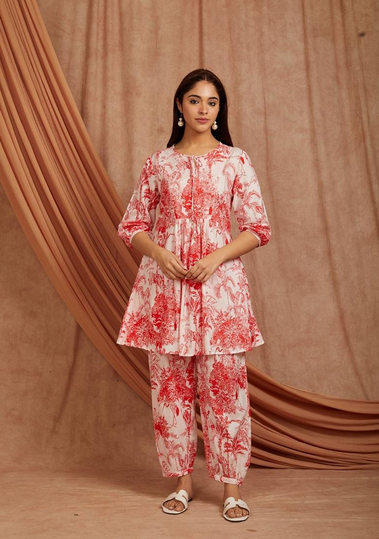 Red Printed Cotton Co Ord Set