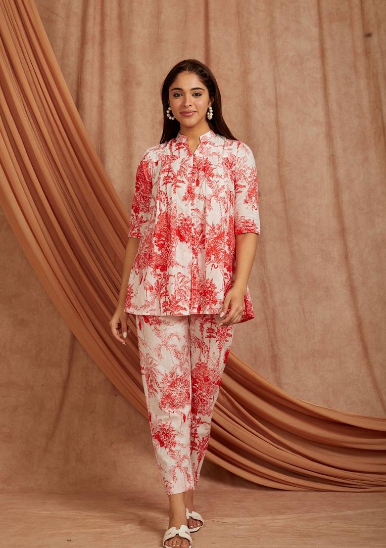 Red Printed Cotton Co Ord Set
