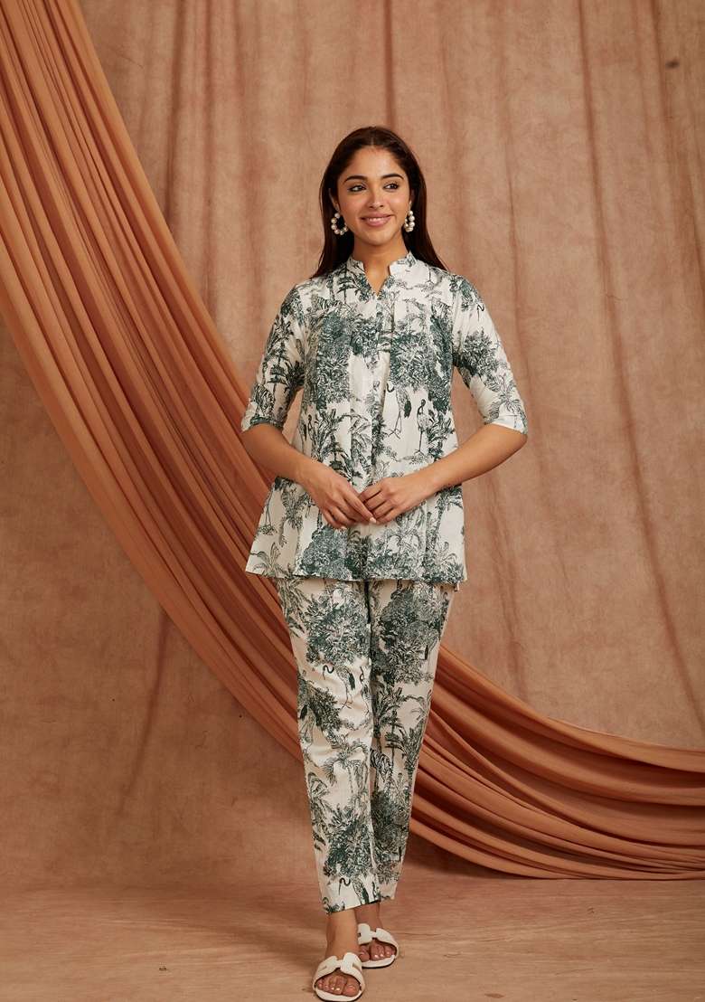 Green Floral Print Cotton Co Ord Set - Indya