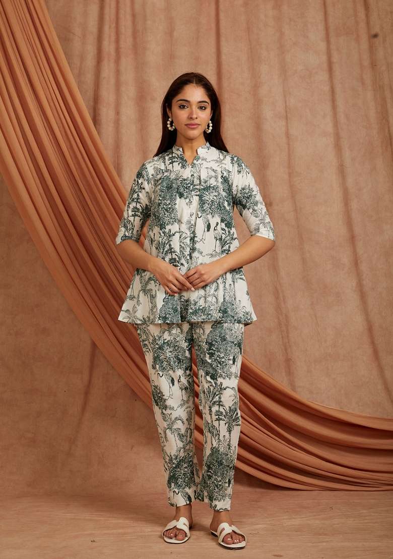 Green Floral Print Cotton Co Ord Set - Indya