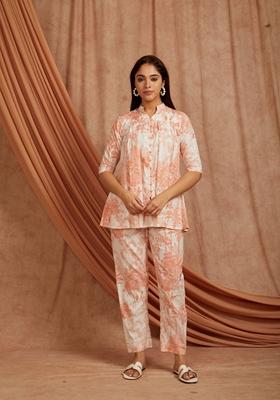 Peach Printed Cotton Co Ord Set
