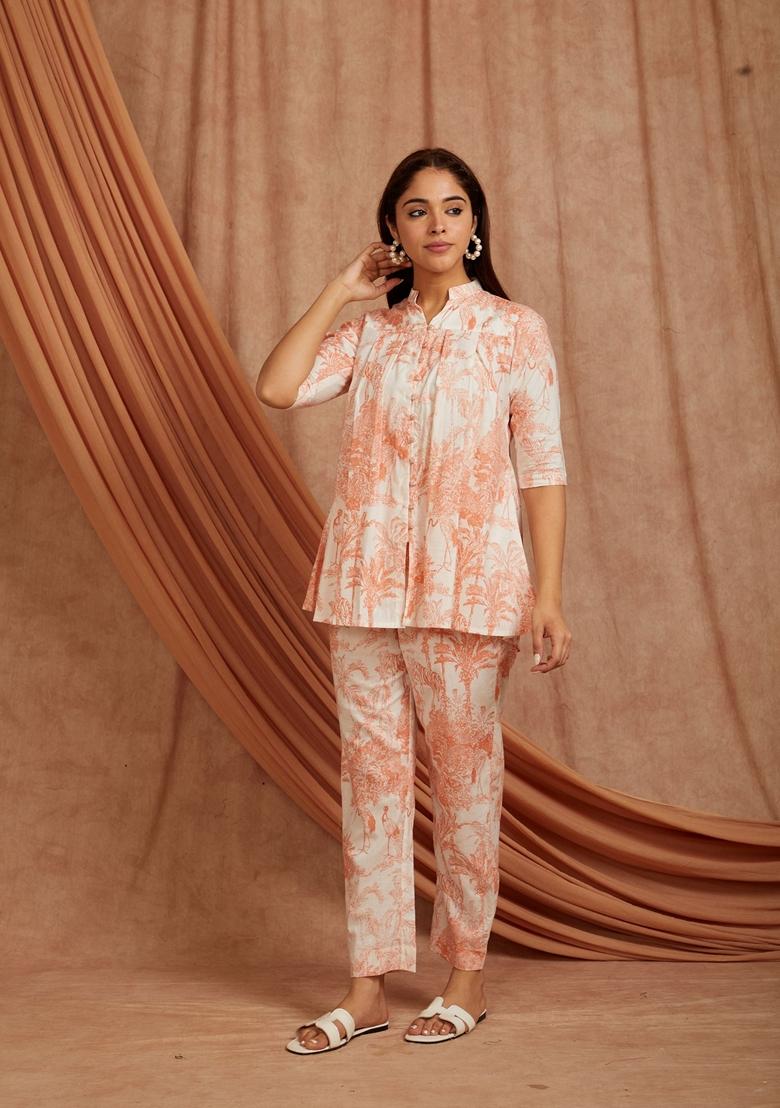 Peach Printed Cotton Co Ord Set