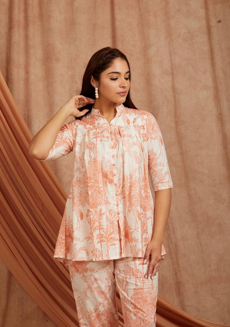 Peach Printed Cotton Co Ord Set