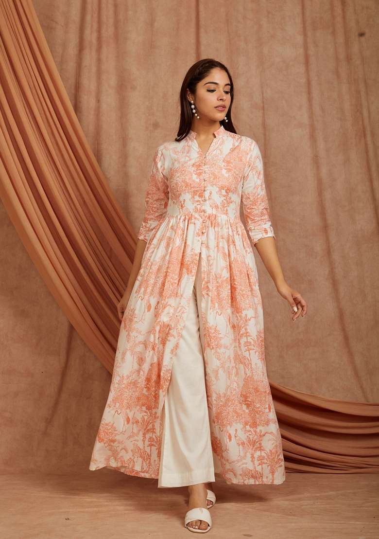 Peach Printed Cotton A Line Kurta Set - Indya