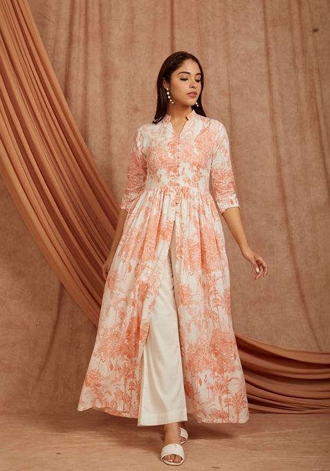 Peach Printed Cotton Kurta