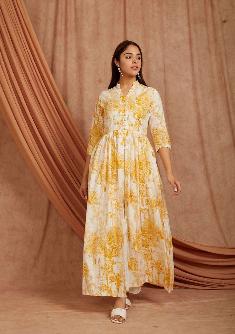 Yellow Printed Cotton Kurta - Indya