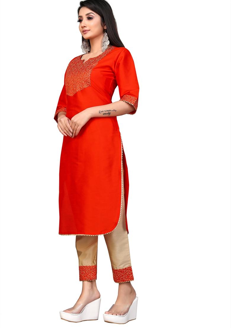 Orange Embroidered Silk Salwar Kameez With Dupatta