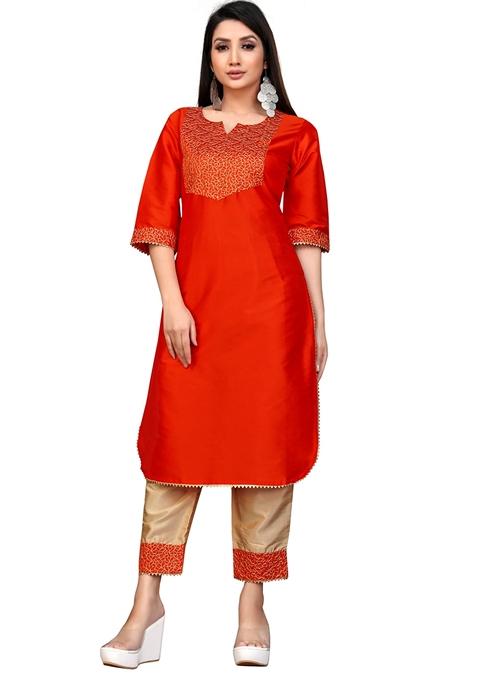 Orange Embroidered Silk Salwar Kameez With Dupatta