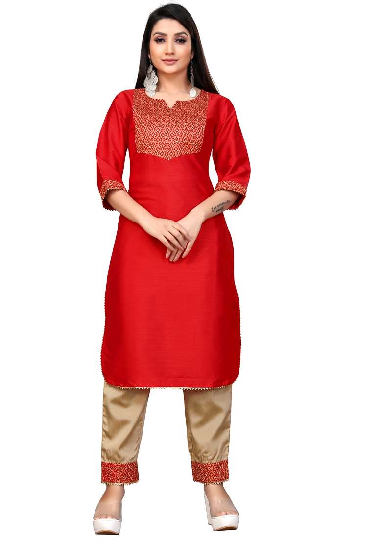 Red Embroidered Silk Straight Kurta Set - Indya