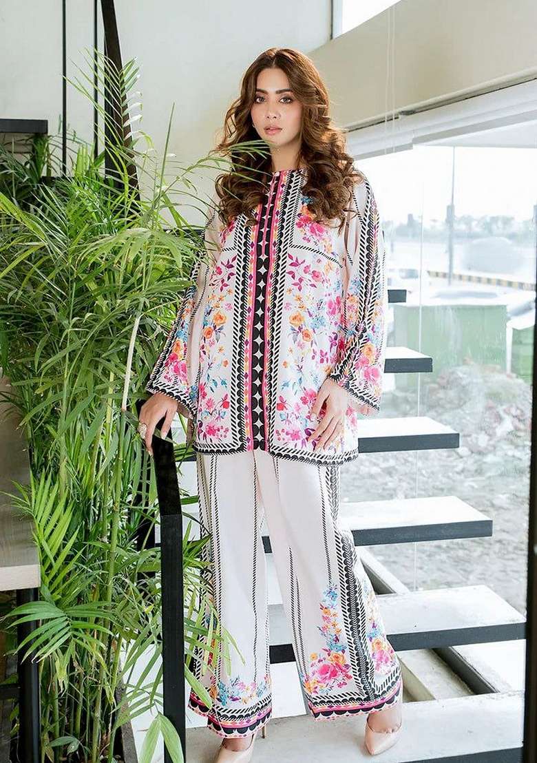 White Digital Printed Silk Co ord Set - Indya