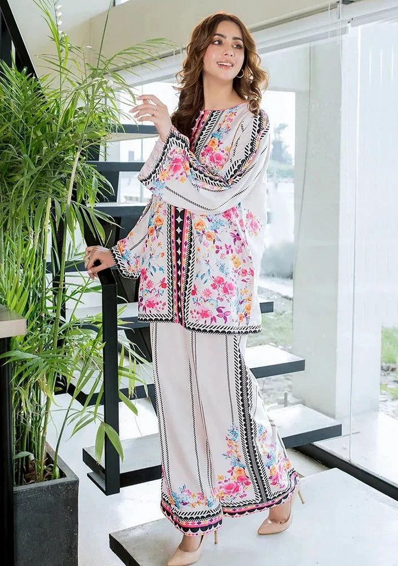 White Digital Printed Silk Co ord Set