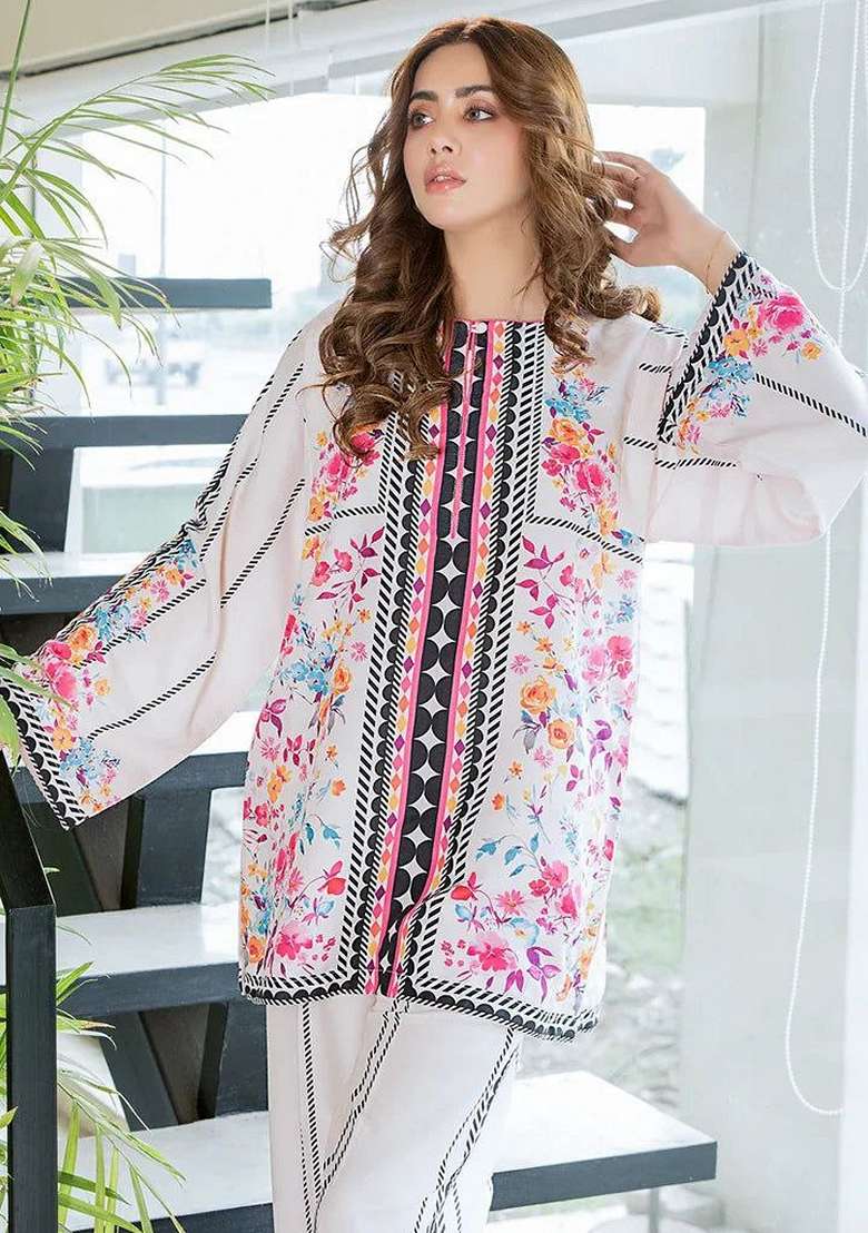 White Digital Printed Silk Co ord Set - Indya