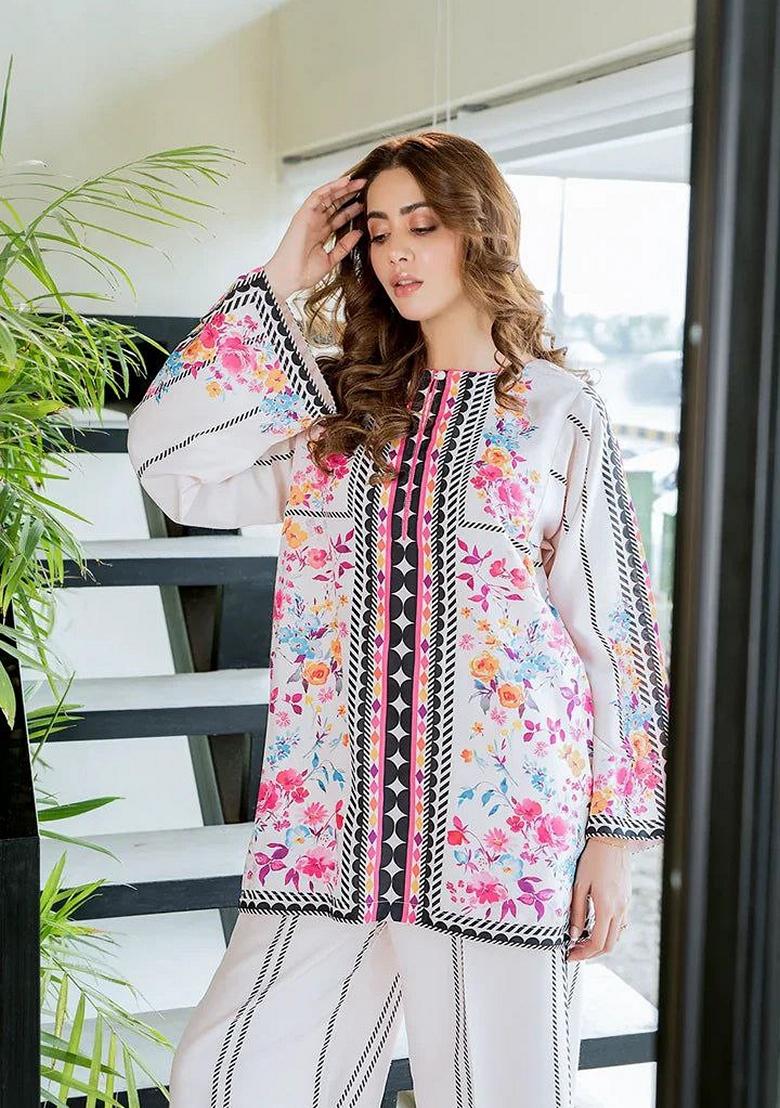 White Digital Printed Silk Co ord Set