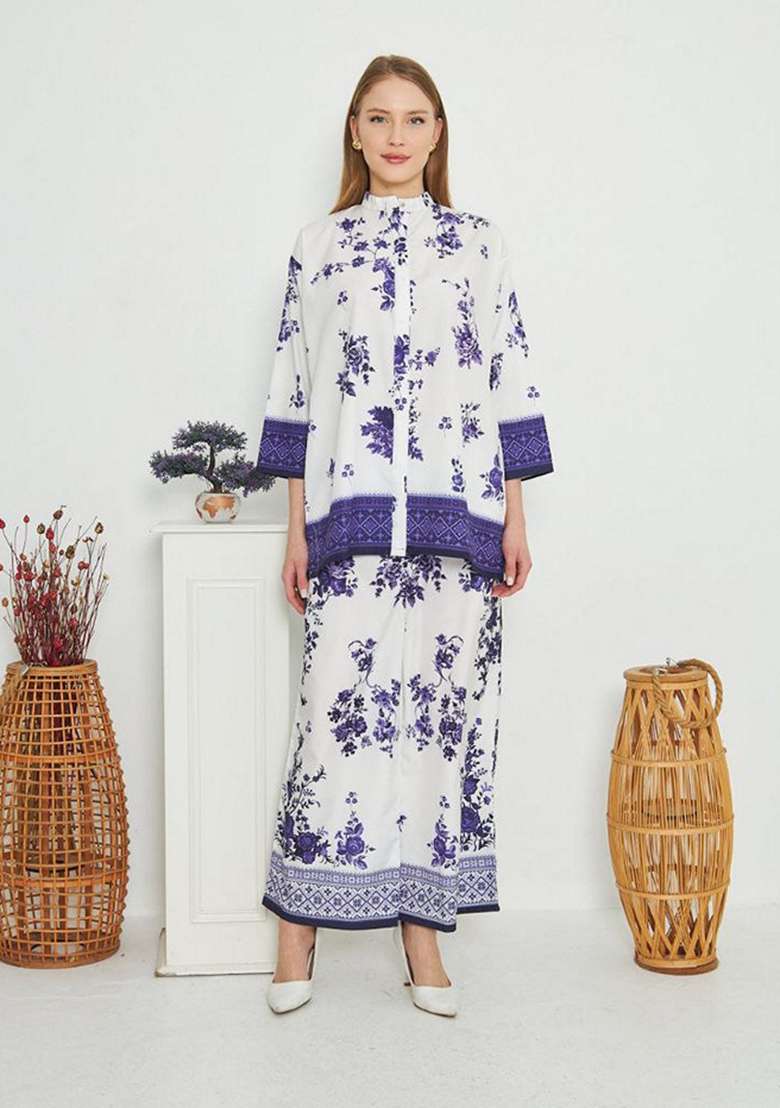 Blue Floral Print Rayon Co Ord Set - Indya
