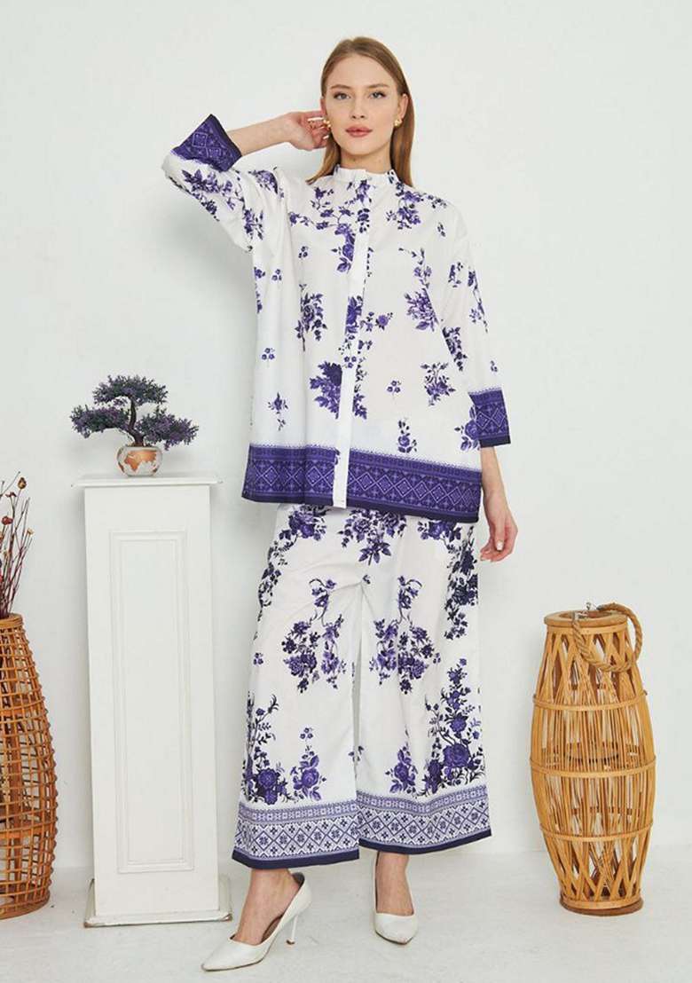 Blue Floral Print Rayon Co Ord Set - Indya