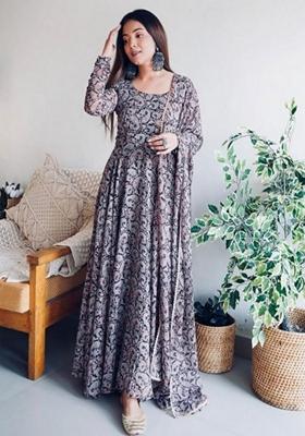 Black Digital Printed Georgette Anarkali Set With Dupatta