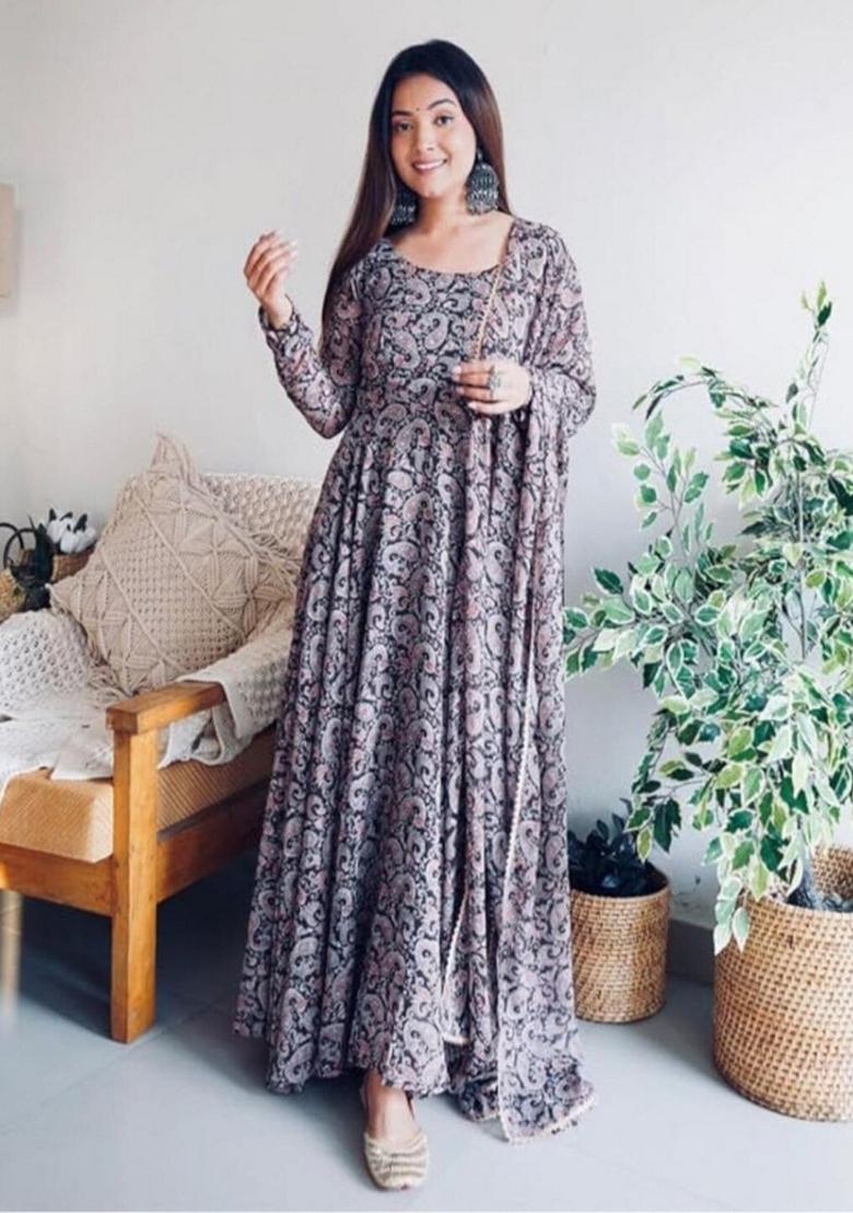 Black Digital Printed Georgette Anarkali Set With Dupatta