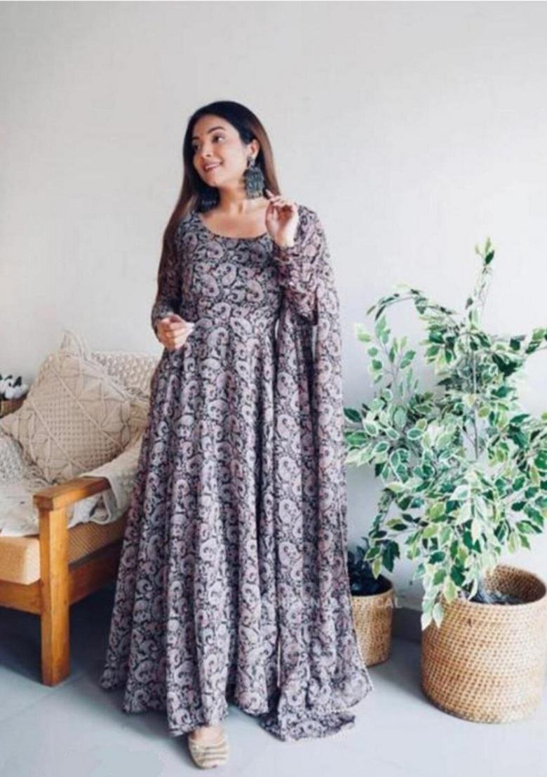 Black Digital Printed Georgette Anarkali Set With Dupatta