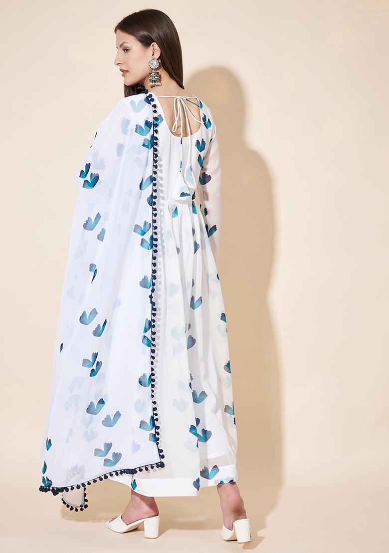 Blue Digital Printed Georgette Anarkali Set With Dupatta