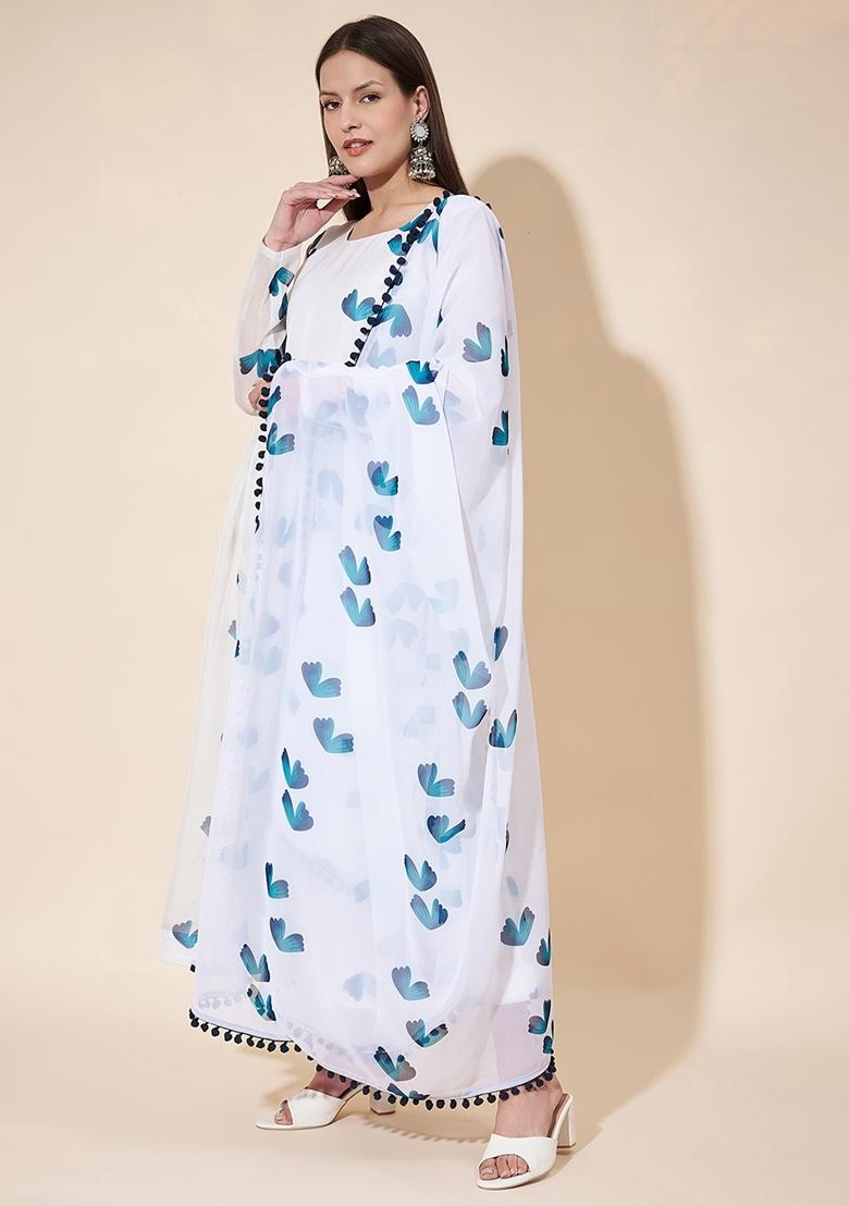 Blue Digital Printed Georgette Anarkali Set With Dupatta