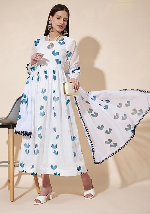 Blue Digital Printed Georgette Anarkali Set With Dupatta