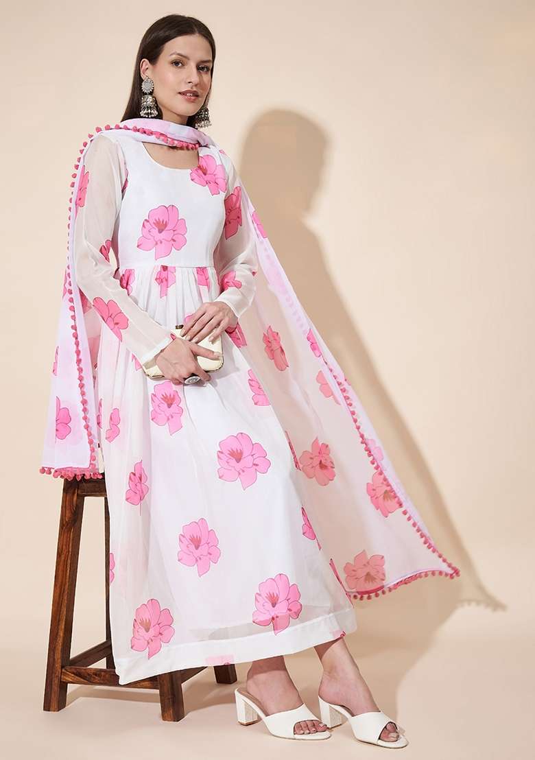 Pink Floral Print Georgette Anarkali Set - Indya